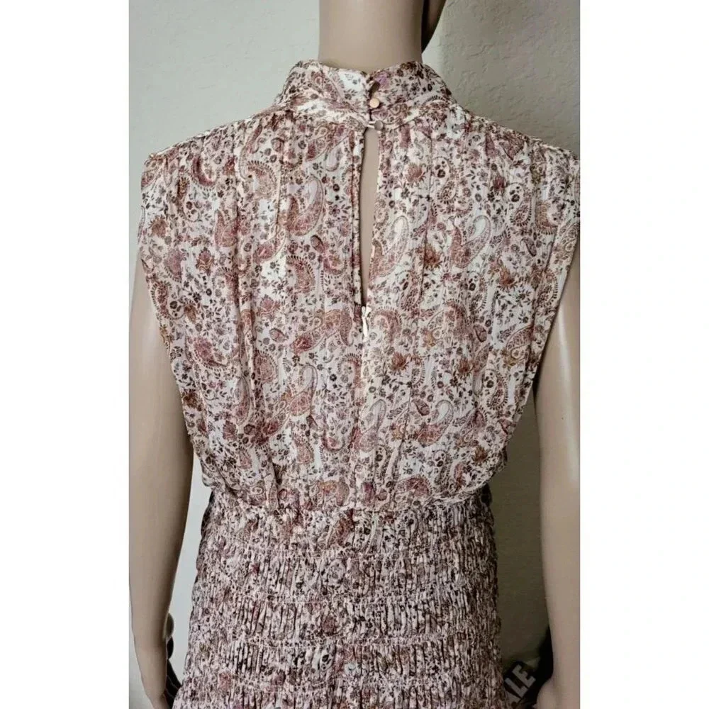 House of Harlow SHONA JOY Colette MockNeck Smocked Paisley Metallic Mini Dress L - Picture 7 of 10